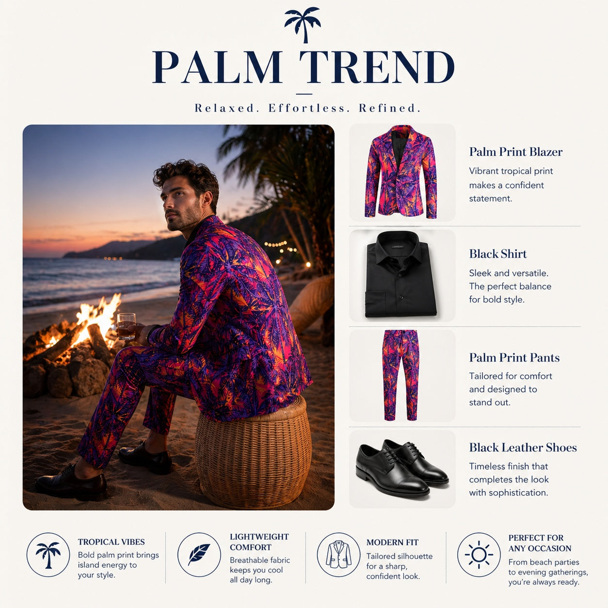 WISHOLIC Style Guide: How to wear a palm print suit with a black shirt and dress shoes for a refined evening event.