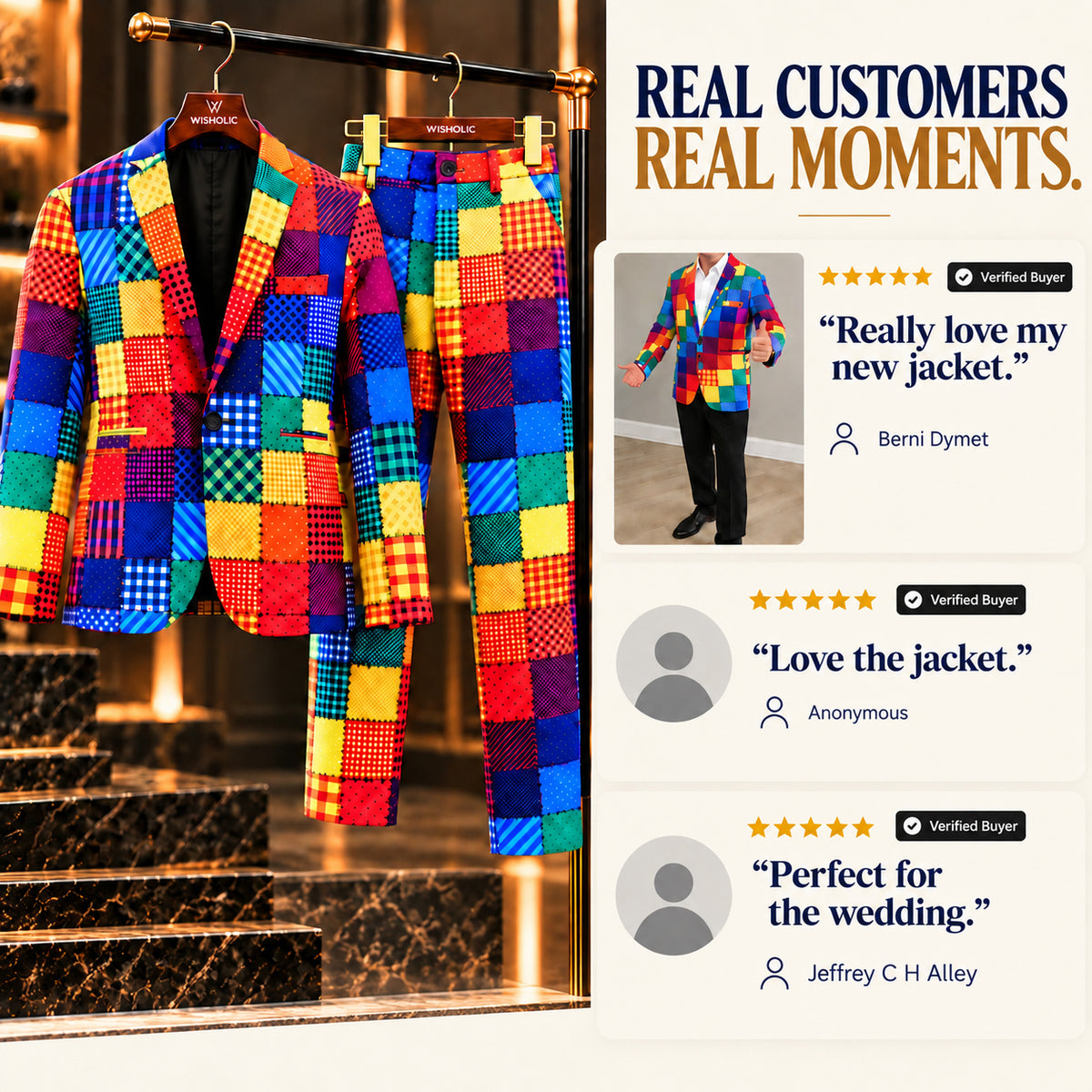 Customer reviews and verified buyer feedback for Wisholic men's colorful patchwork suit set