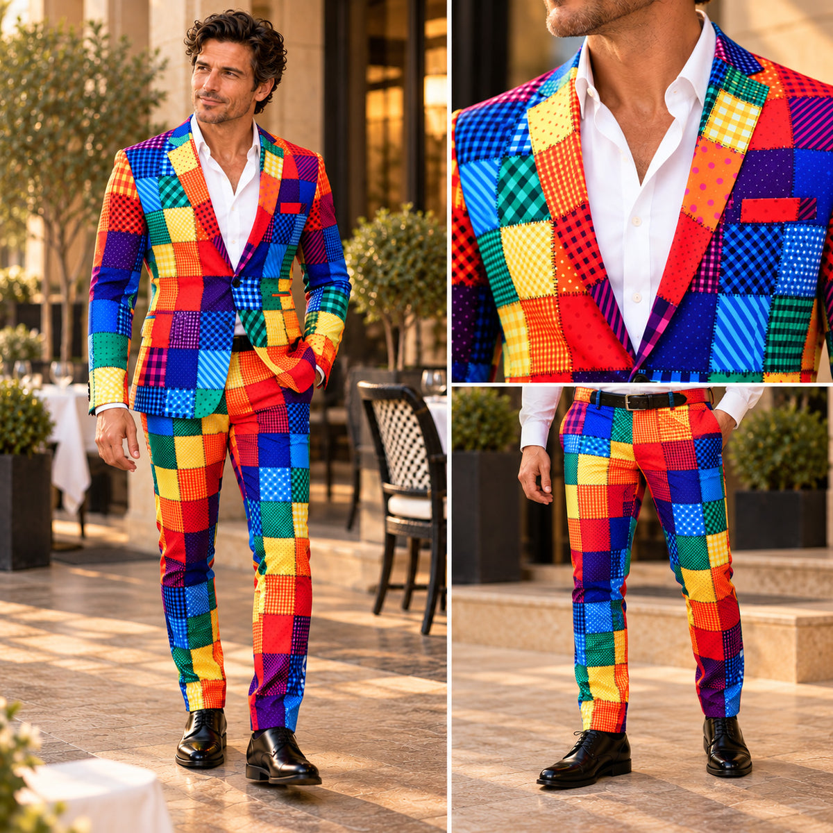 Wisholic colorful patchwork suit style collage showing full body look, lapel collar detail, and tailored trouser fit