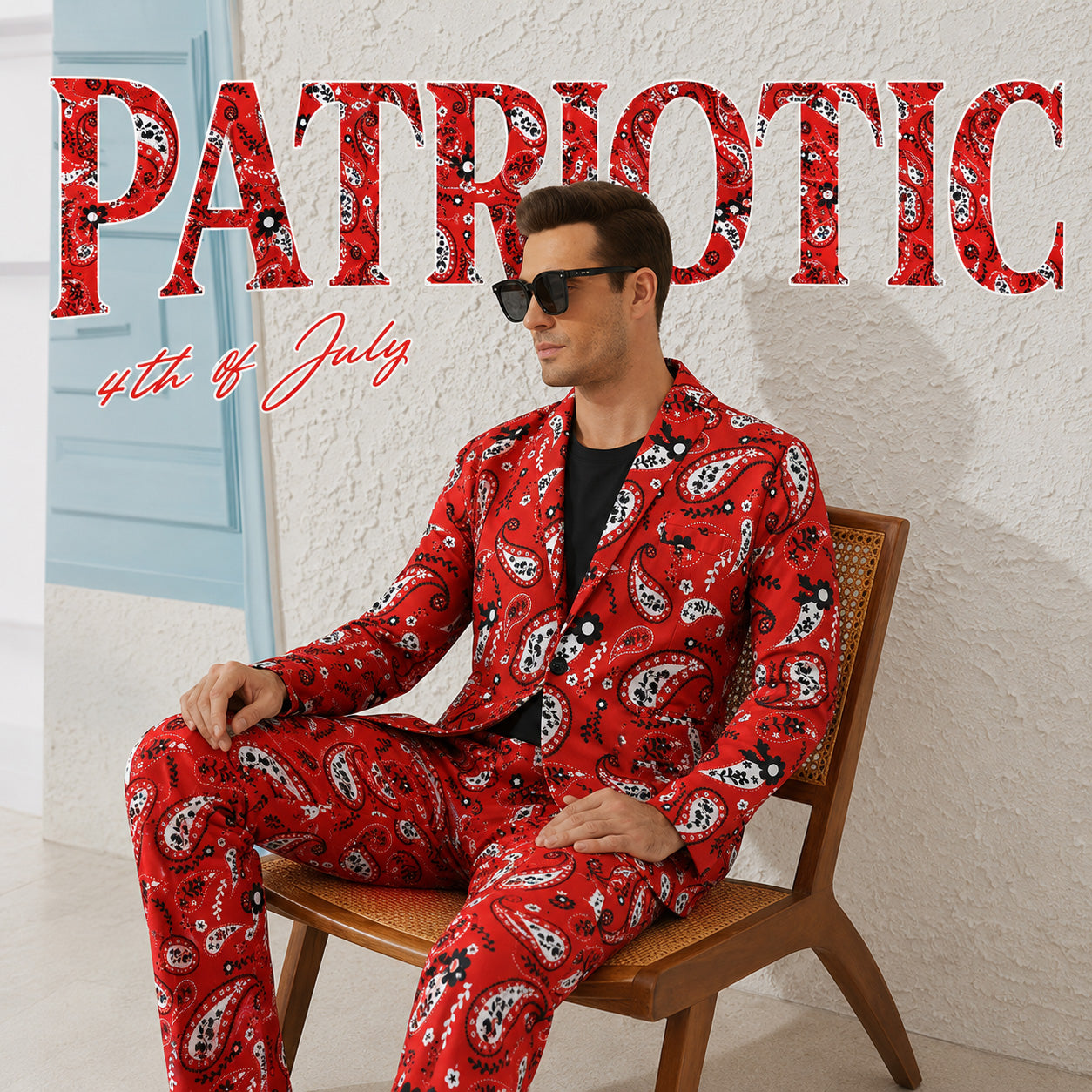 Wisholic patriotic 4th of July marketing banner featuring a man sitting in a red paisley print suit.