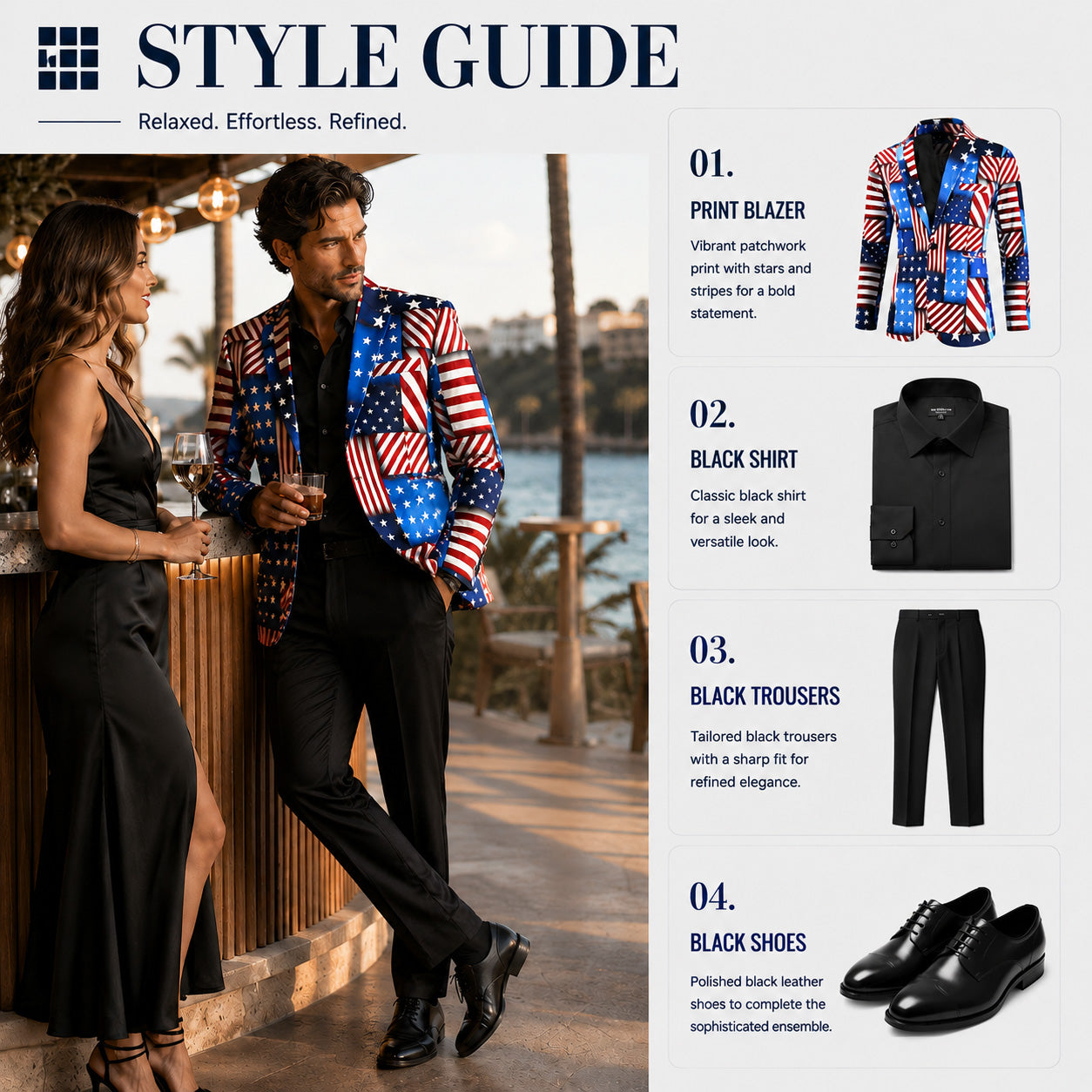 Wisholic styling guide featuring the American flag print blazer paired with tailored black trousers, black shirt, and leather dress shoes at an outdoor bar.