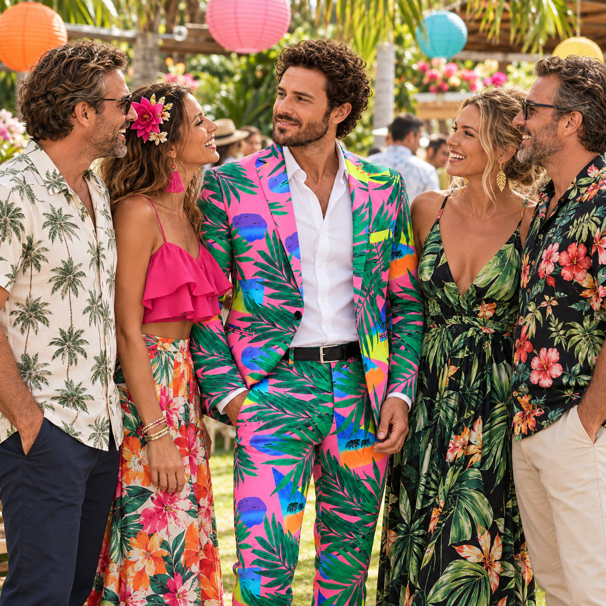 Wisholic men's vibrant pink tropical palm leaf print statement suit set worn at a summer garden party with friends