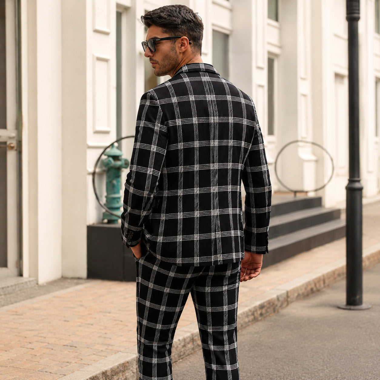 Tailored back view of the Wisholic men's artistic printed plaid suit jacket and trousers, showing perfect line alignment and sleek silhouette.