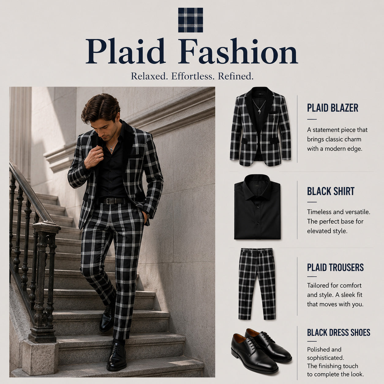 Wisholic Plaid Fashion lookbook displaying a complete outfit set with a plaid blazer, black dress shirt, matching trousers, and dress shoes.