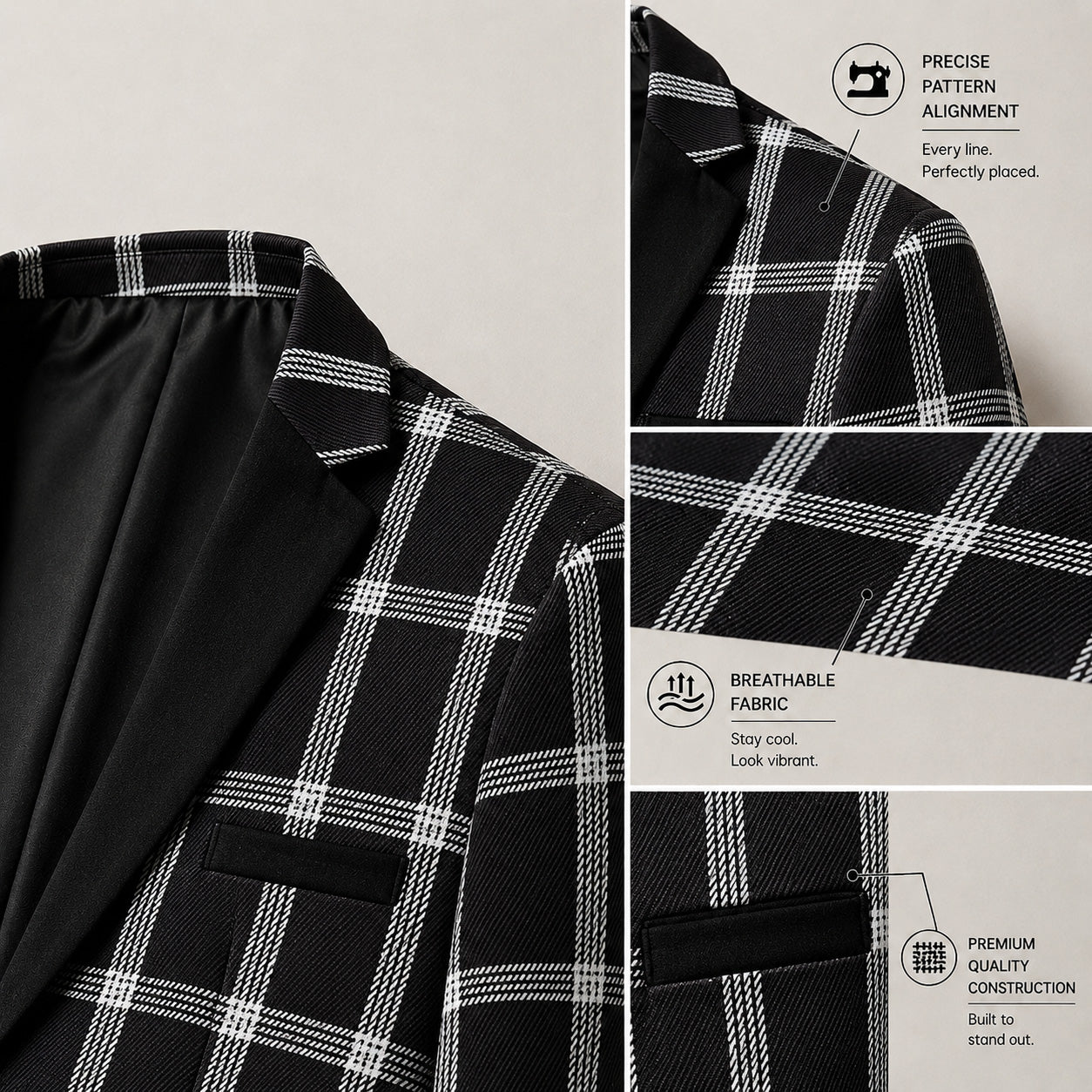 Detailed close-up of the Wisholic plaid suit showcasing precise pattern alignment, premium breathable fabric texture, and quality garment construction.