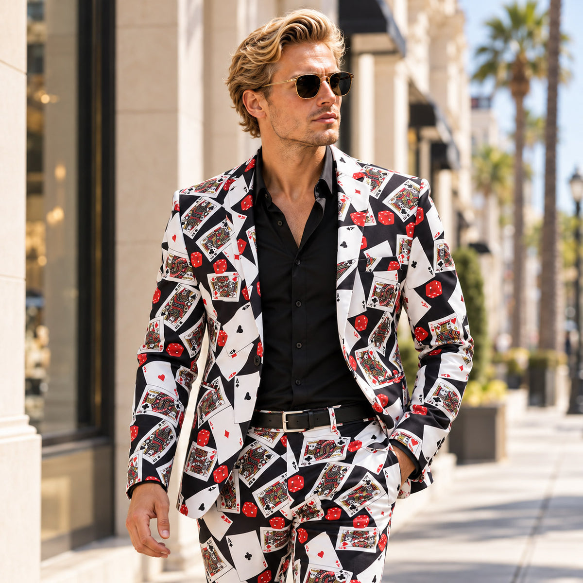 WISHOLIC men's playing card print suit with black and white card patterns and red dice, styled with a black shirt on a sunlit city street.
