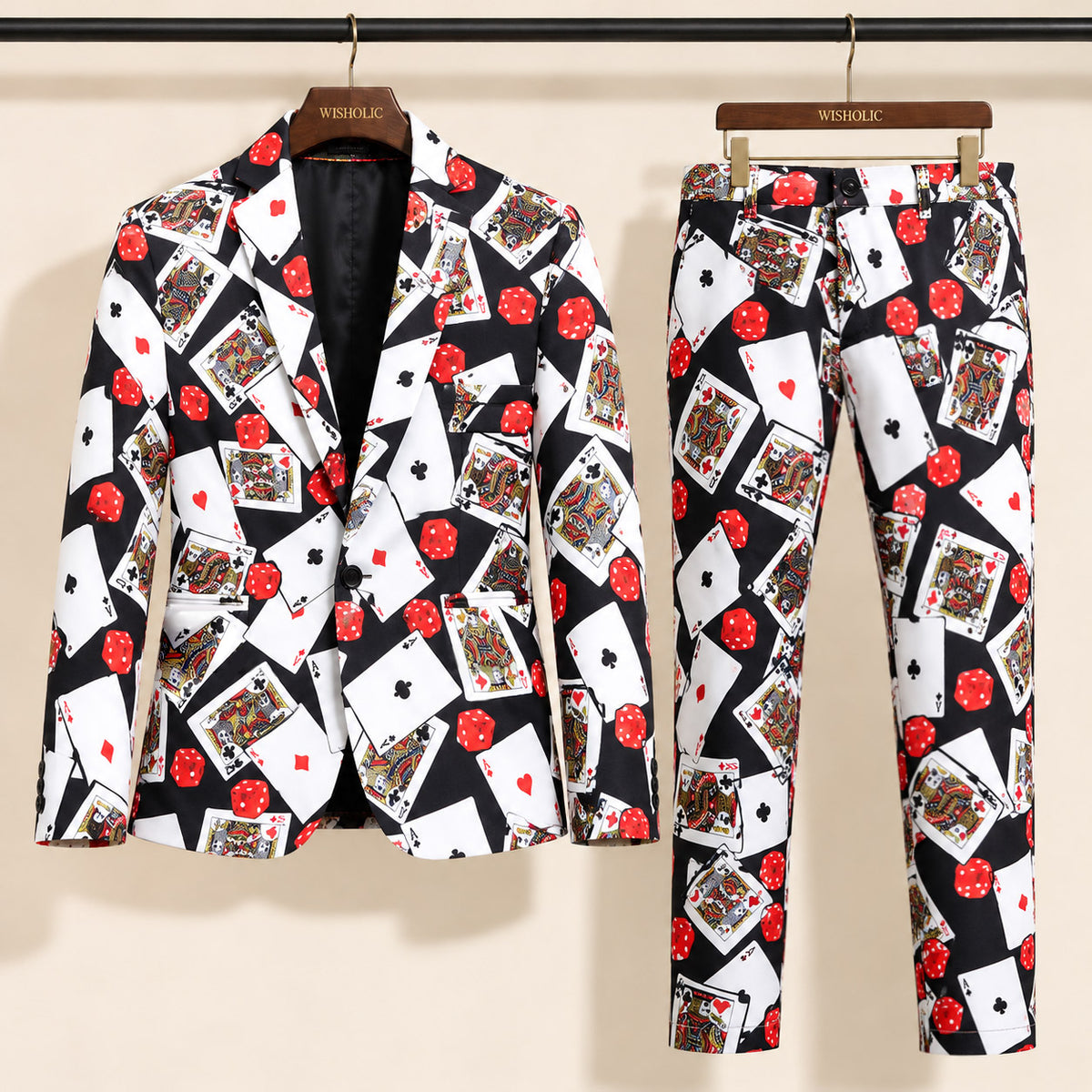 WISHOLIC playing card print two-piece men's suit featuring a matching blazer and trousers with red dice and black and white card motifs.