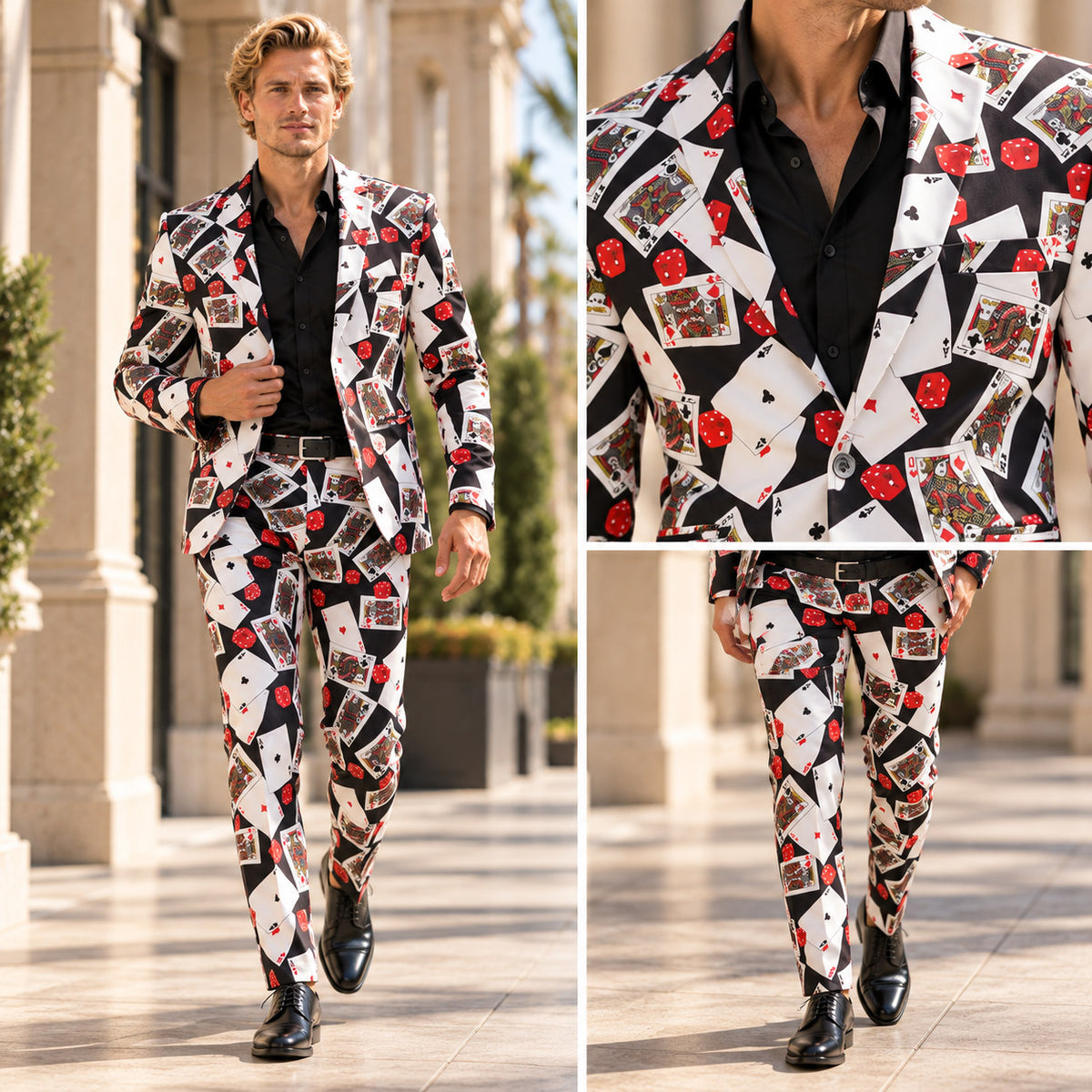 WISHOLIC playing card print men's two-piece suit shown in a full-length walking look with close-up views of the blazer and matching trousers.