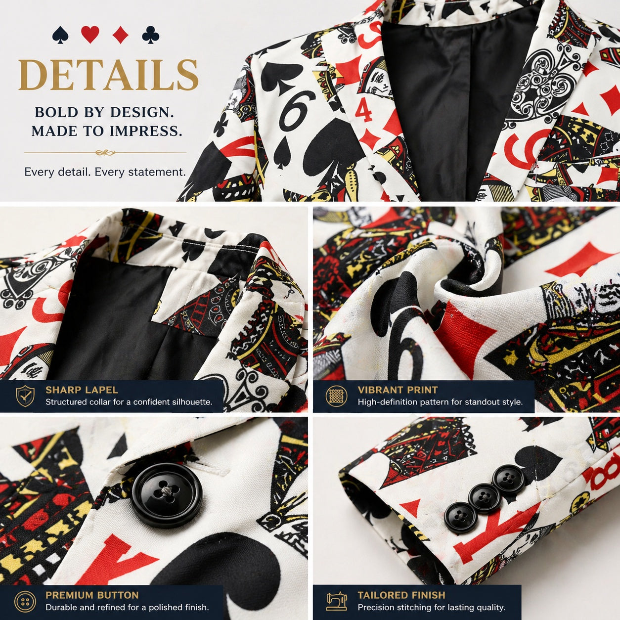 Wisholic playing card print suit details panel showcasing structured sharp lapel, high-definition vibrant print on premium fabric, durable premium button, and tailored finish with precision stitching.
