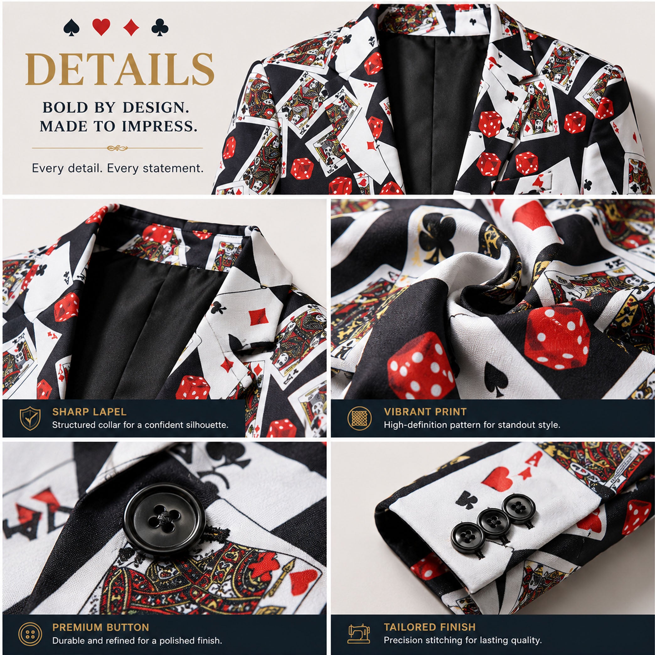 Close-up details of Wisholic playing card suit showing sharp lapel, vibrant print texture, and premium buttons.