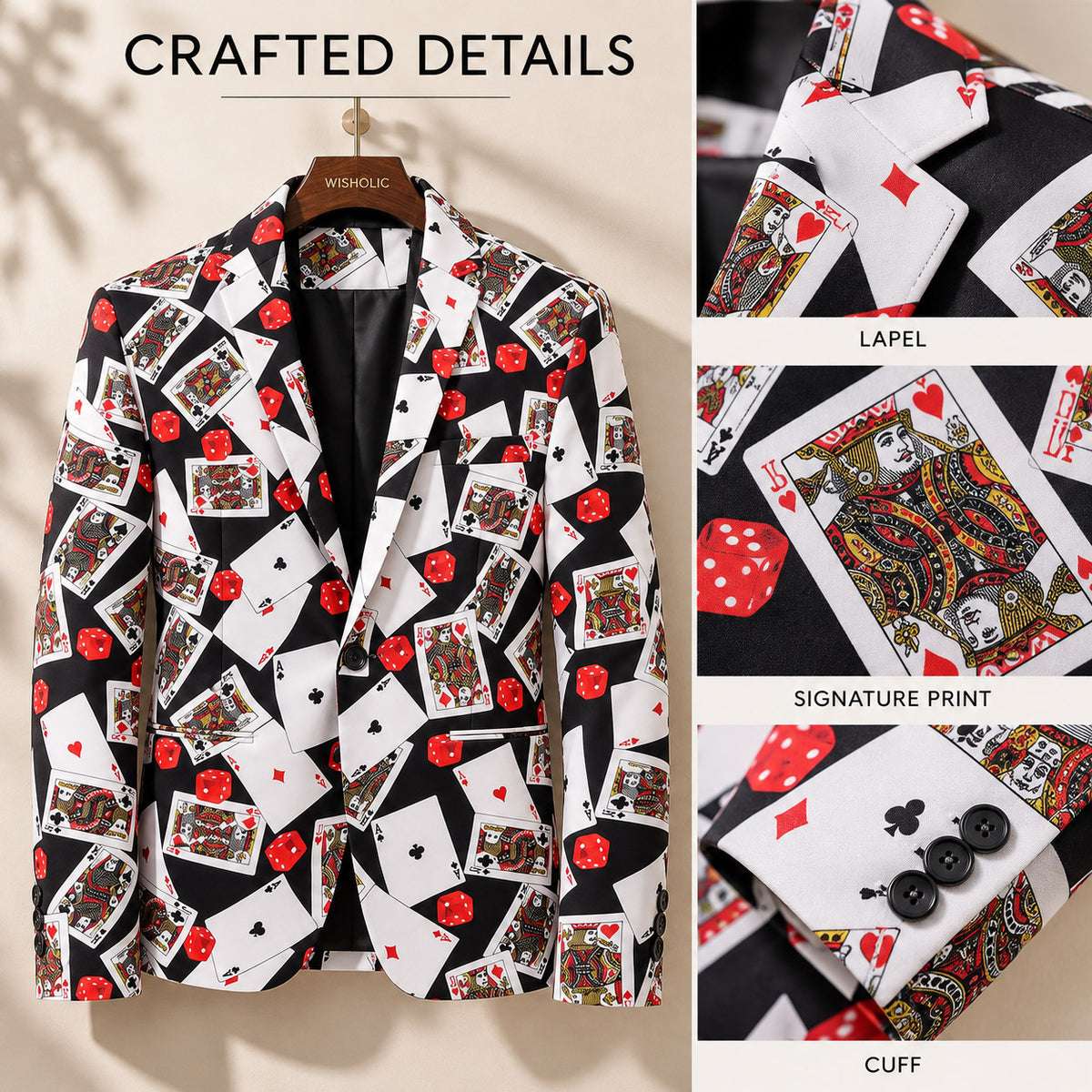 WISHOLIC playing card print blazer detail collage showing the notched lapel, signature card and dice pattern, and three-button cuff.