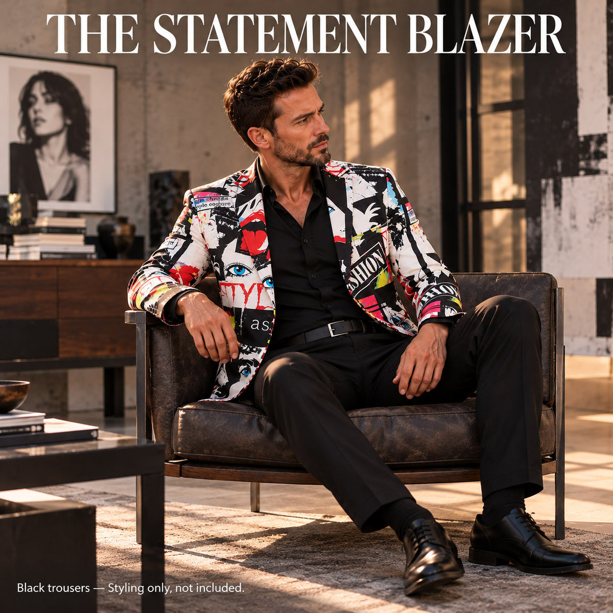 WISHOLIC Pop Art Collage statement blazer styled with black trousers for a versatile contemporary fashion look.