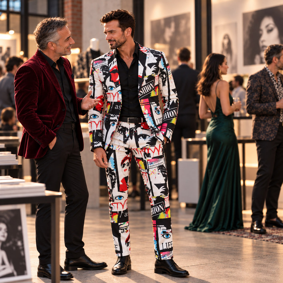 WISHOLIC men's Pop Art Collage Suit styled for a contemporary art gallery reception and creative social occasion.
