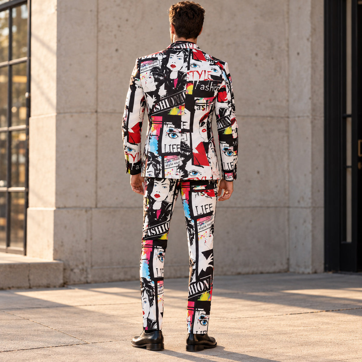 Back view of WISHOLIC men's Pop Art Collage Suit showing expressive graphic artwork across the blazer and matching trousers.