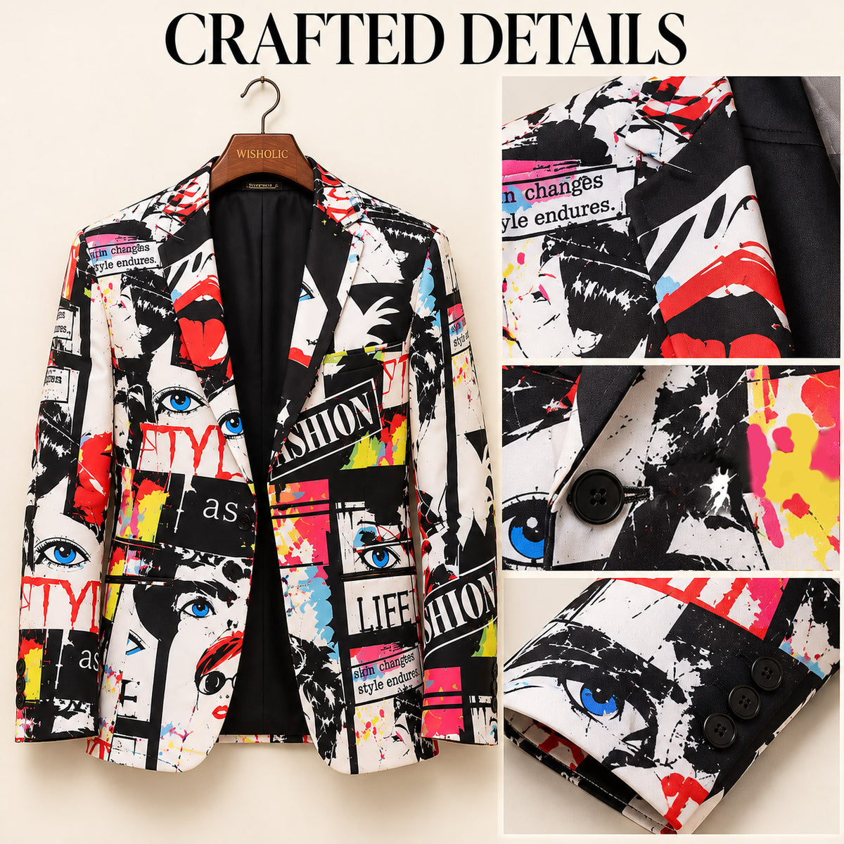 Close-up details of WISHOLIC Pop Art Collage Suit blazer showing graphic lapels, single-button closure and three-button cuffs.
