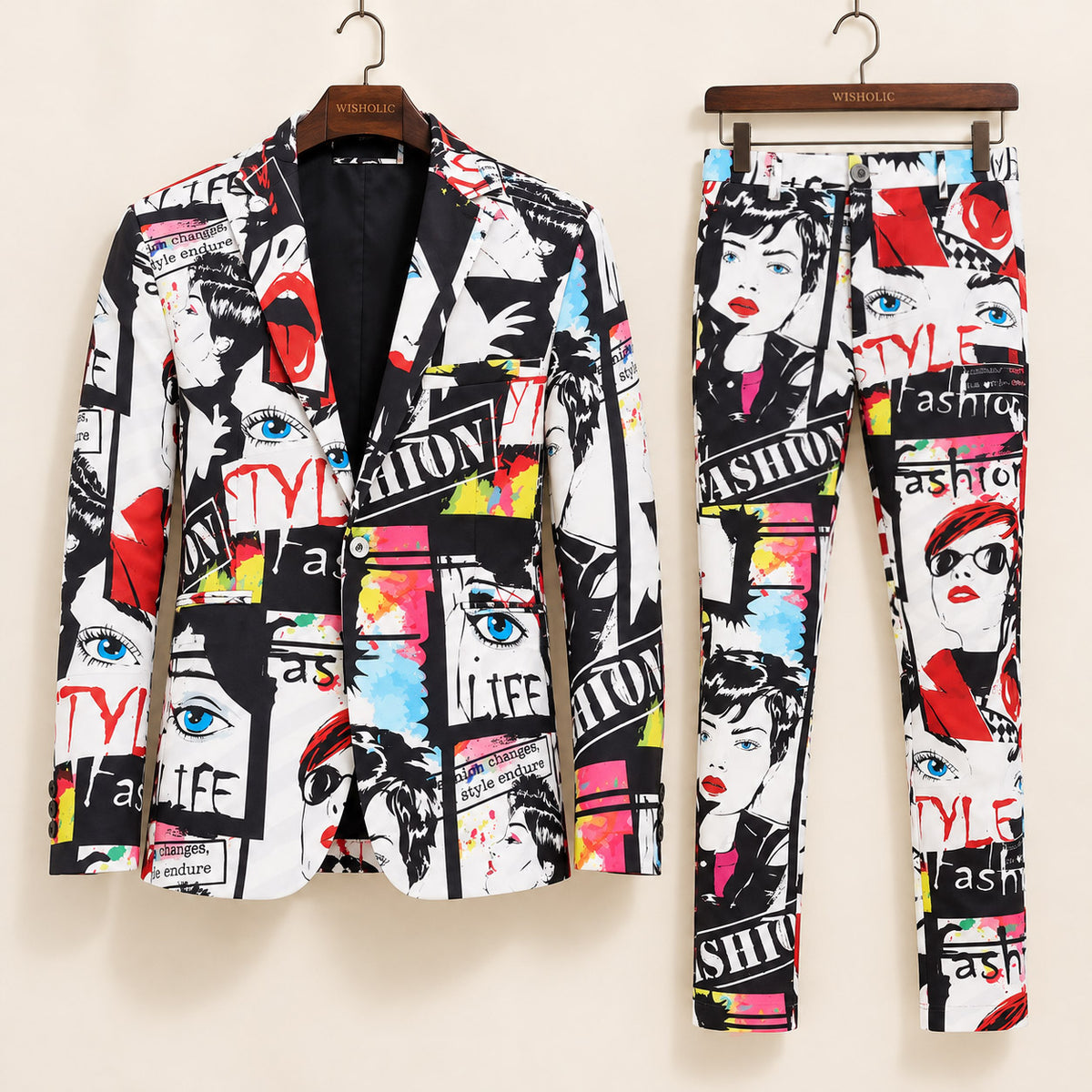 WISHOLIC Pop Art Collage Suit two-piece set with matching printed blazer and trousers displayed on wooden hangers.