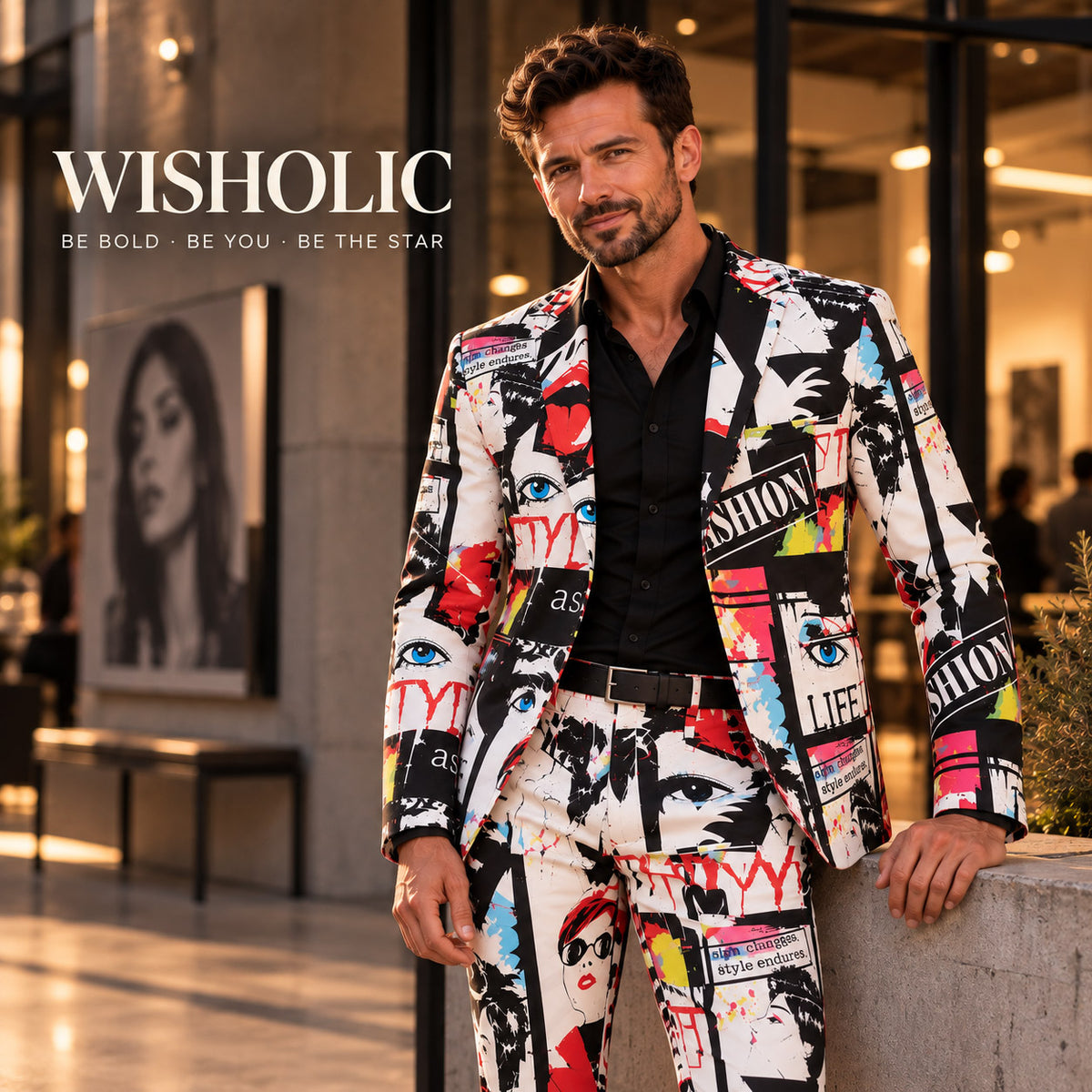 WISHOLIC men's Pop Art Collage Suit in a premium urban editorial setting featuring colorful fashion-inspired artwork.