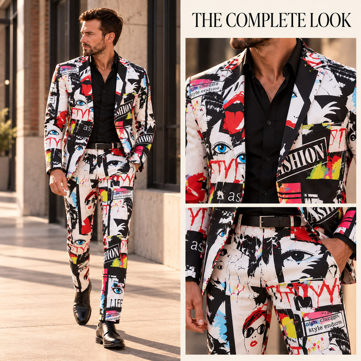 WISHOLIC Pop Art Collage Suit complete outfit with close-up views of the graphic blazer and matching printed trousers.