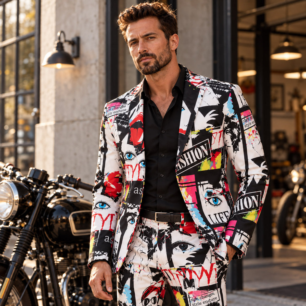WISHOLIC men's Pop Art Collage Suit featuring bold graphic prints, black shirt and modern urban statement styling.
