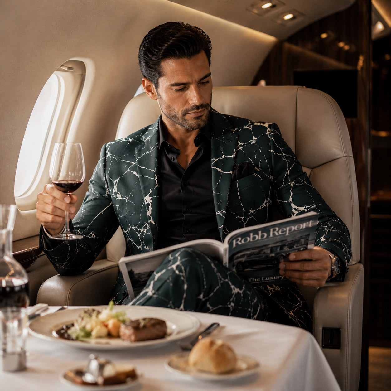 Premium artist design men's green printed suit by Wisholic, worn by a model reading a luxury magazine inside a private jet.