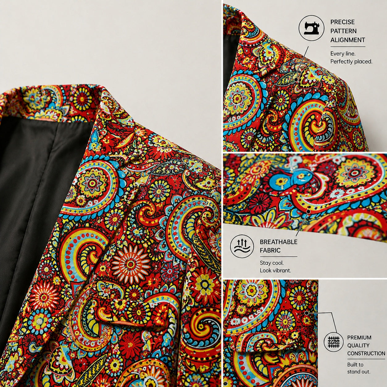 Detailed close-up macro shots of the Wisholic red paisley blazer highlighting precise pattern alignment, breathable premium fabric texture, and high-quality tailoring construction.
