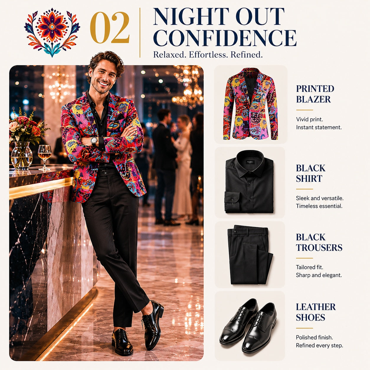 Wisholic party dress guide 02 Night Out Confidence: styling a vibrant printed blazer with tailored black trousers and polished leather shoes at a luxury lounge.