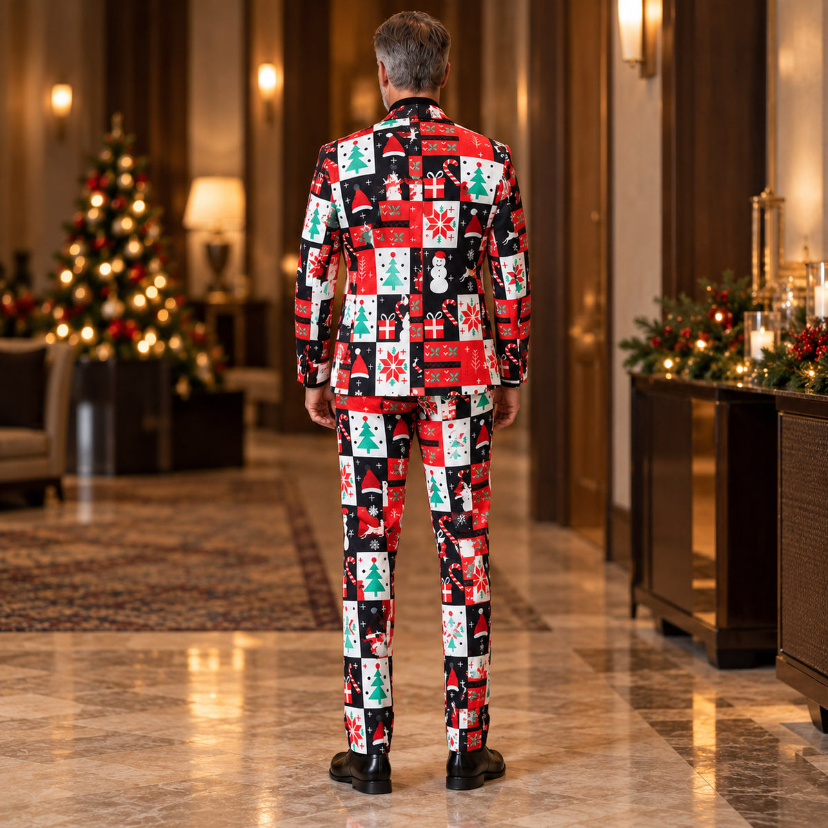 Back view of Wisholic tailored fit men's Christmas patchwork print suit and trousers in a holiday decorated setting