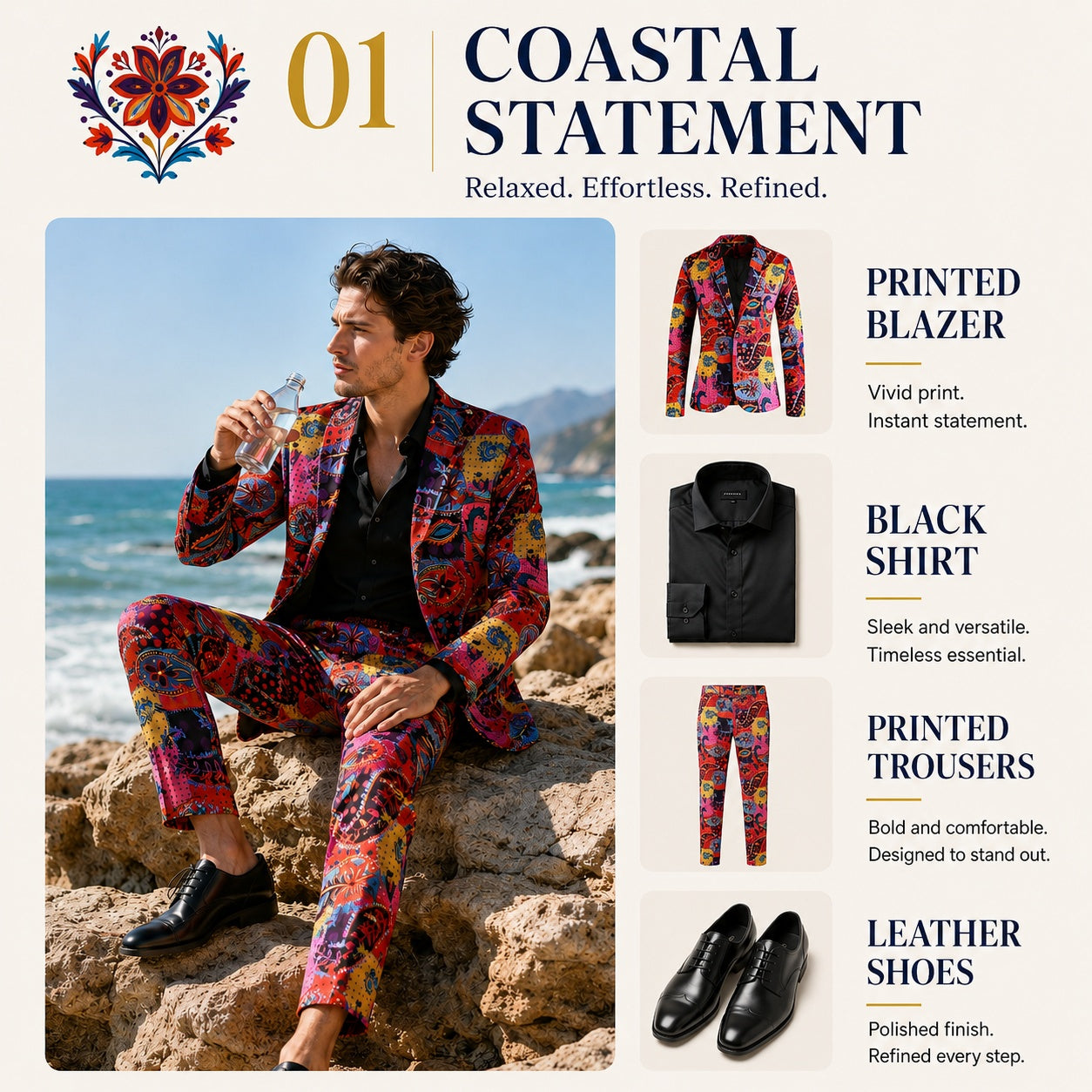 Wisholic outfit styling guide 01 Coastal Statement: featuring premium printed blazer, black dress shirt, matching printed trousers, and polished black leather shoes.