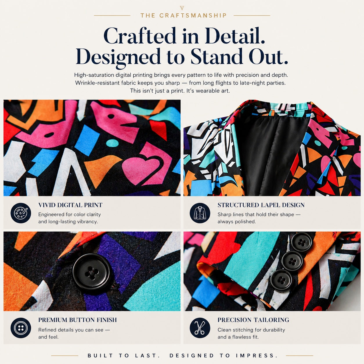 Detailed craftsmanship of Wisholic suit showing digital print quality, lapel design, and precision tailoring.