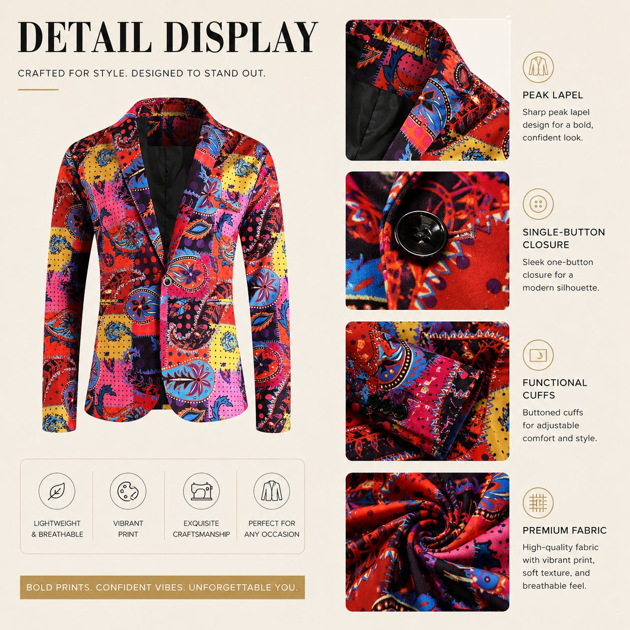 Detailed display of Wisholic printed blazer featuring peak lapel, single-button closure, and premium breathable fabric texture.