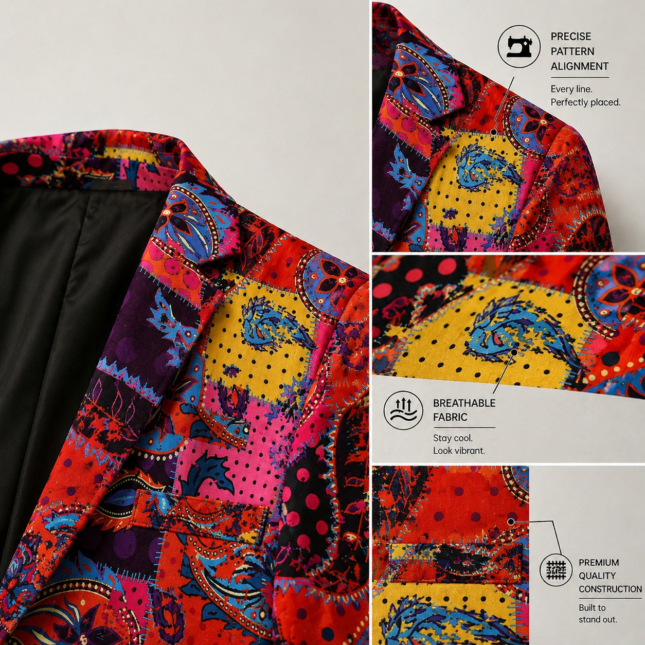 Detail shots of Wisholic printed suit jacket, emphasizing precise pattern alignment, premium breathable fabric texture, and high-quality tailoring construction.