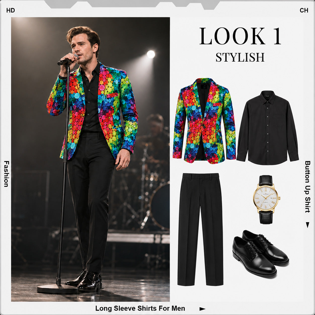 WISHOLIC styling lookbook featuring the rainbow polka dot blazer paired with solid black dress pants and a black shirt for a stage performance.