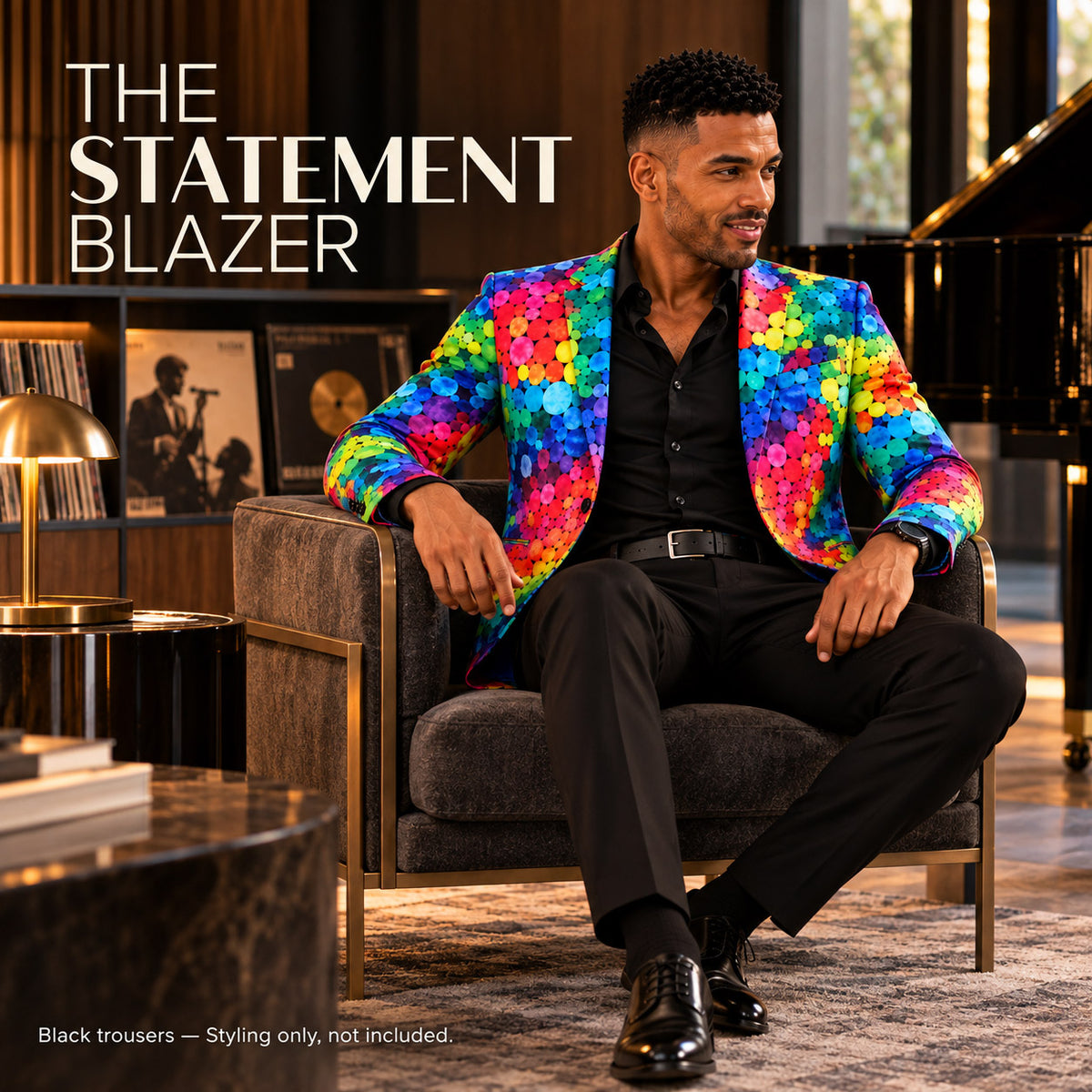 WISHOLIC Rainbow Dot Print statement blazer styled with black trousers and a black shirt for an elegant evening occasion.