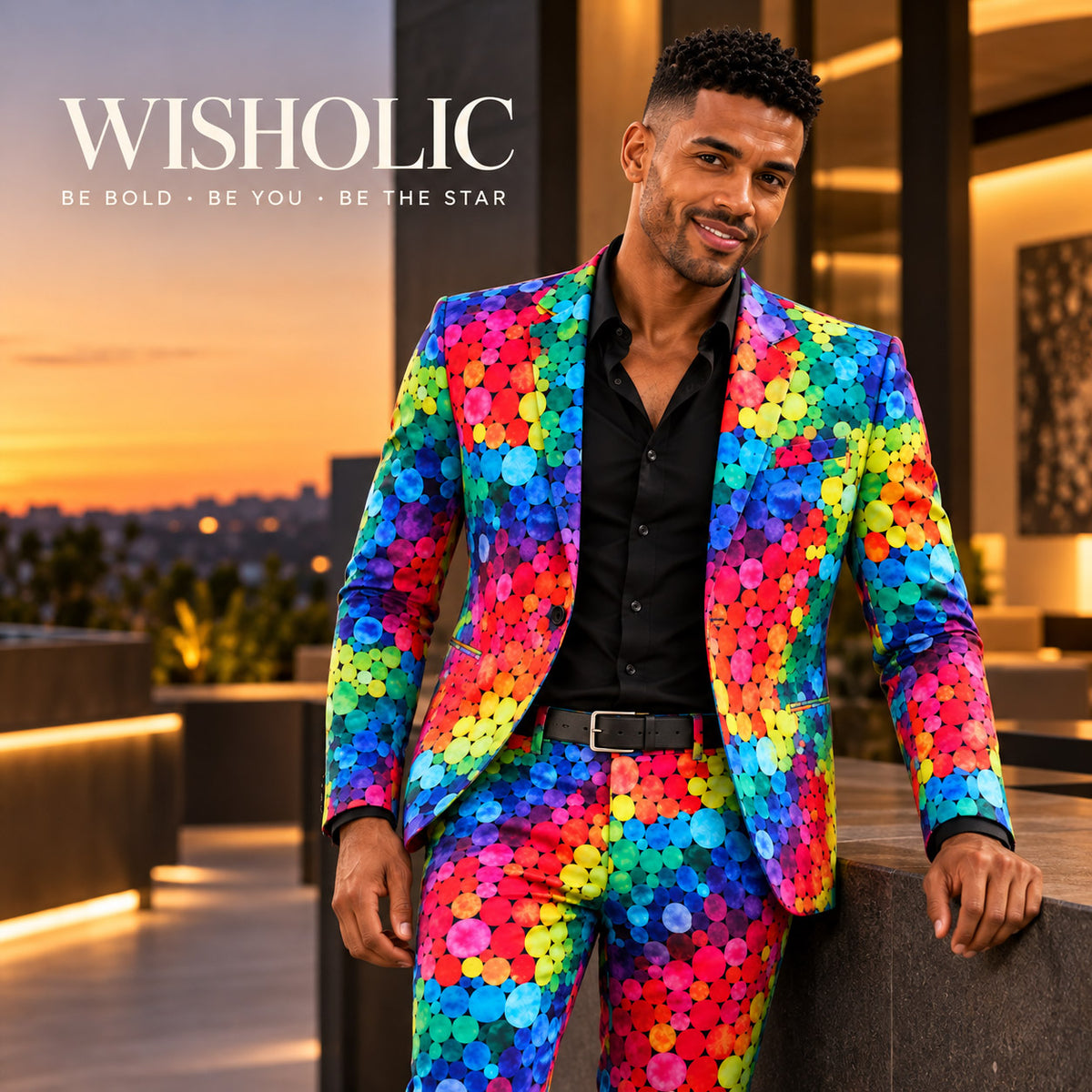 WISHOLIC Rainbow Dot Print Suit worn with a black shirt in a warm sunset editorial setting, expressing confident and colorful men's style.