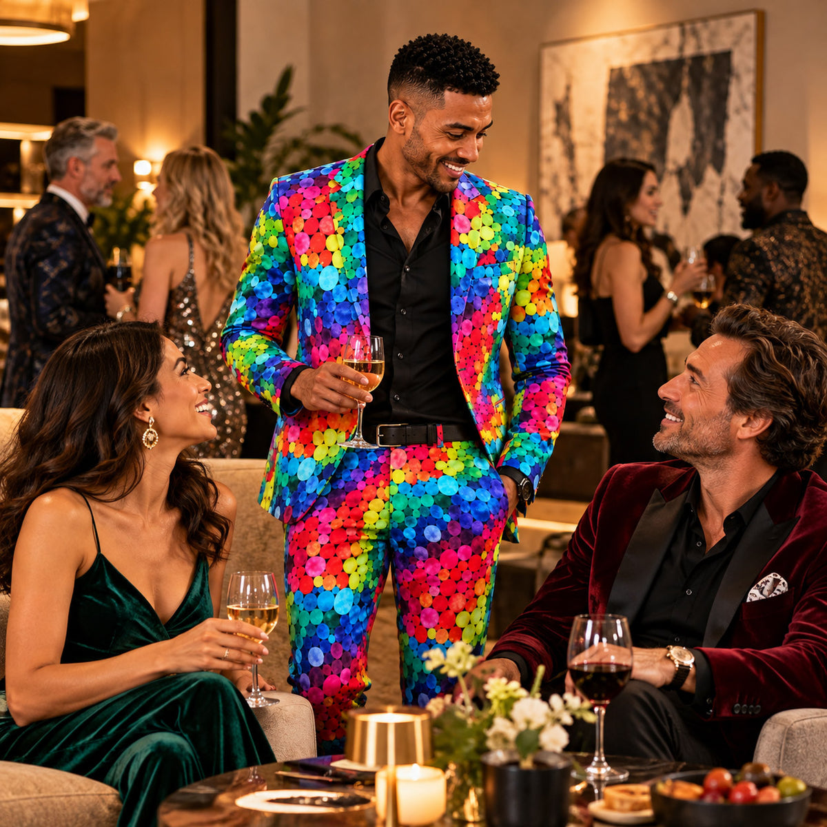 Man wearing the WISHOLIC Rainbow Dot Print Suit at an elegant cocktail party with friends, showcasing vibrant statement occasion style.