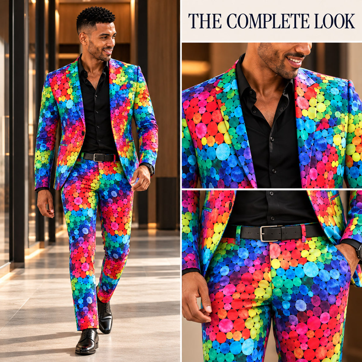 WISHOLIC Rainbow Dot Print Suit complete look showing a man in a multicolor printed blazer and matching trousers with close-up styling details.