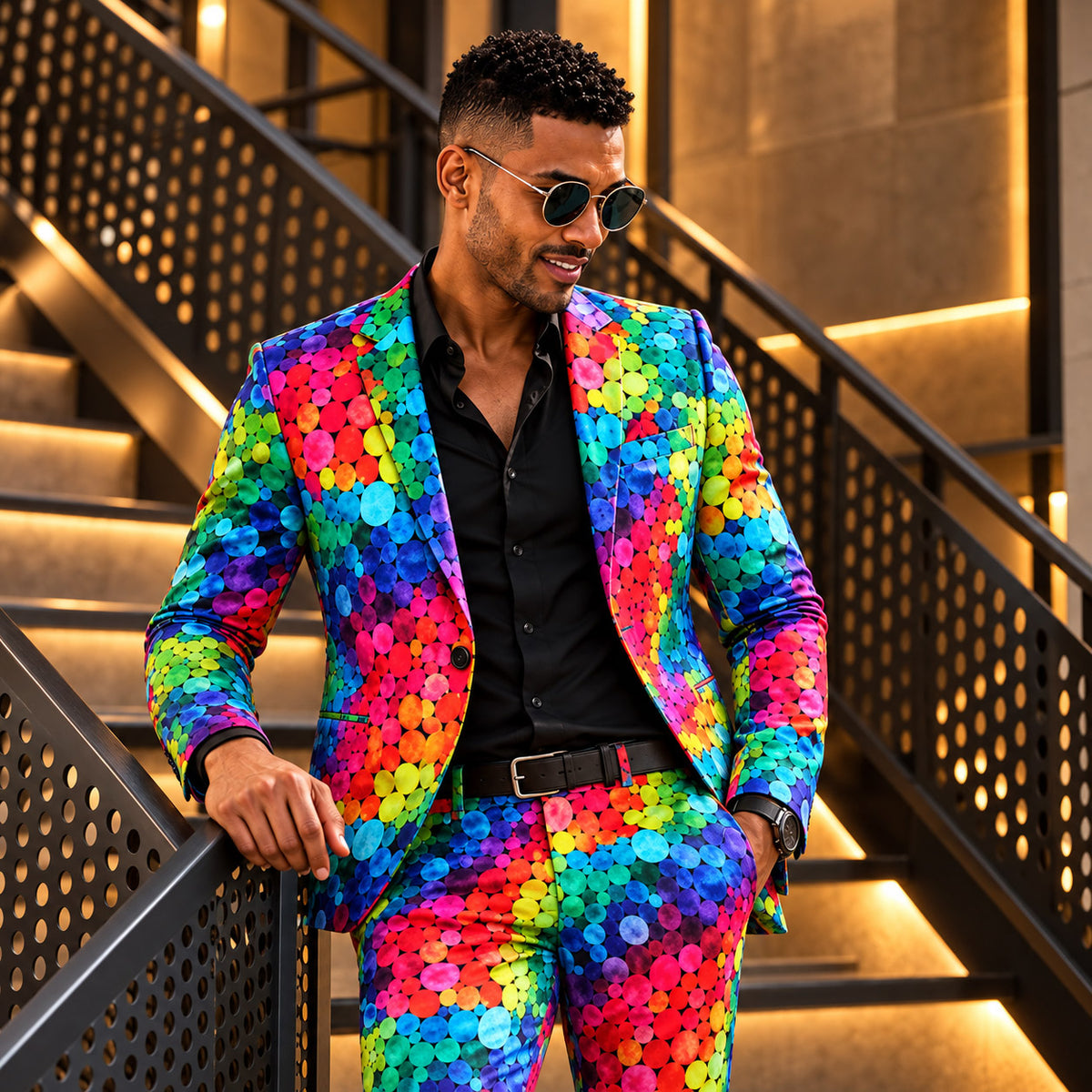 WISHOLIC Rainbow Dot Print Suit for men featuring a vibrant multicolor circle pattern with a black shirt in a modern luxury setting.