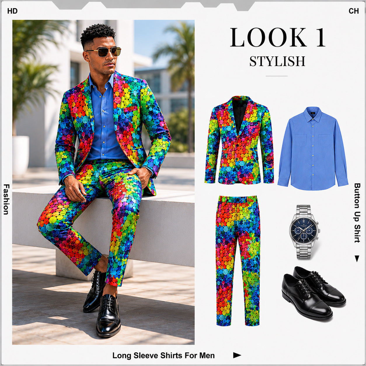 WISHOLIC style guide infographic for the rainbow polka dot suit, paired with a blue button-up shirt, watch, and black oxford shoes.