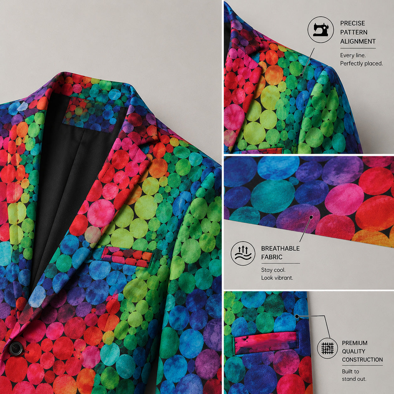 Close-up detail shots of the WISHOLIC rainbow suit highlighting precise pattern alignment, breathable fabric, and premium quality construction.