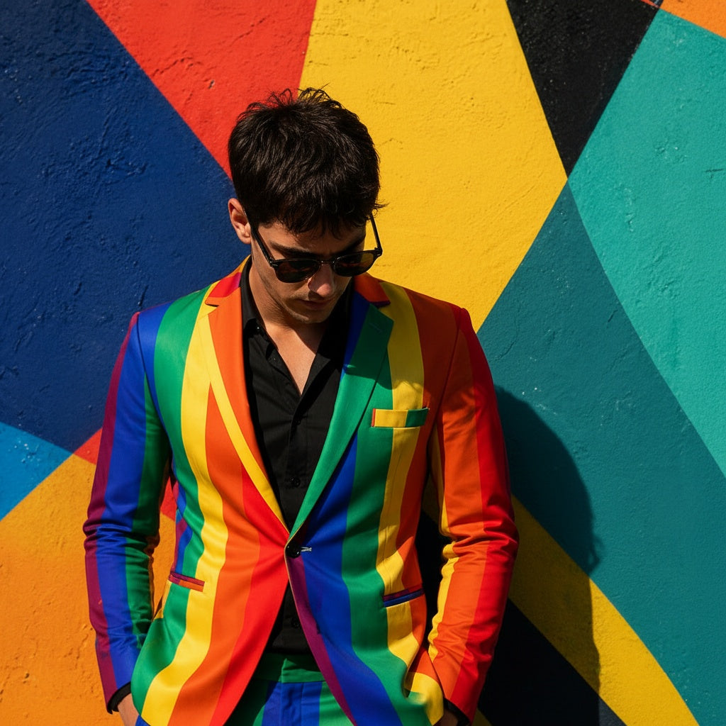 A man wearing a bold Wisholic rainbow striped suit standing against a colorful geometric mural background.