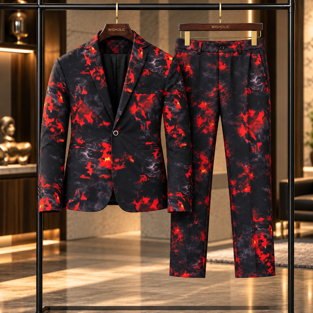 Wisholic red and black flame printed 2-piece suit with blazer and trousers on display hanger