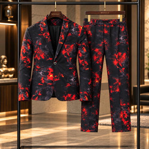 Wisholic red and black flame printed 2-piece suit with blazer and trousers on display hanger