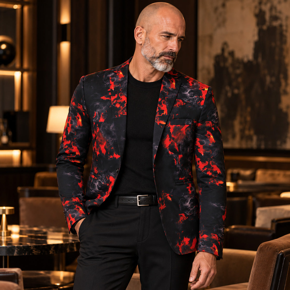 Wisholic red black flame printed blazer paired with black shirt and formal trousers