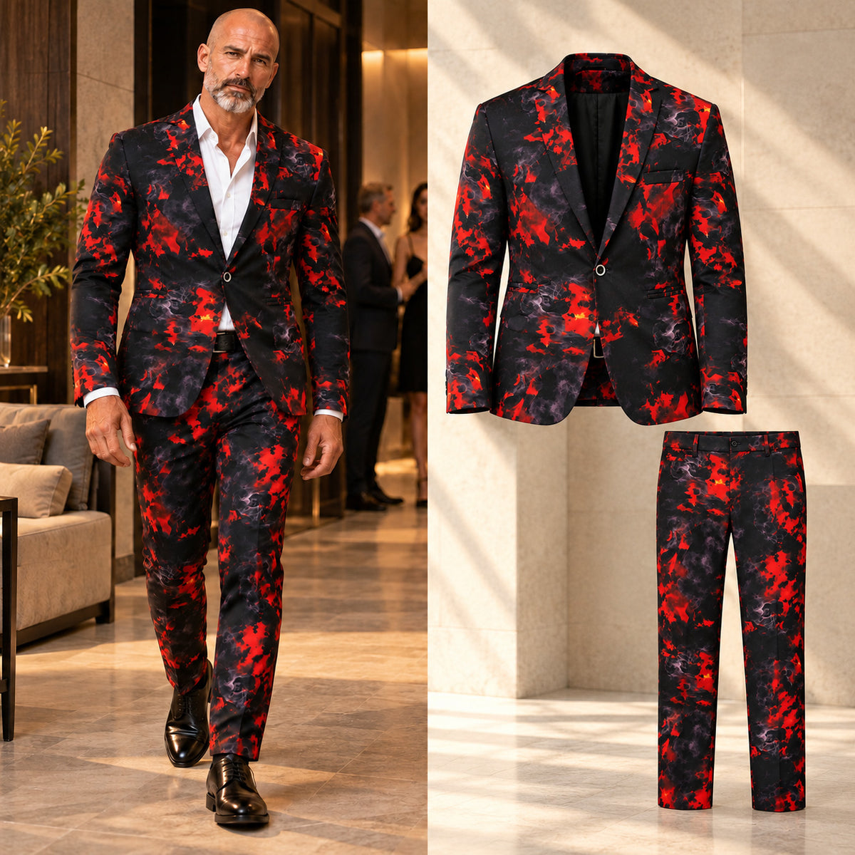 Wisholic men's red and black flame print suit full body model look and product set