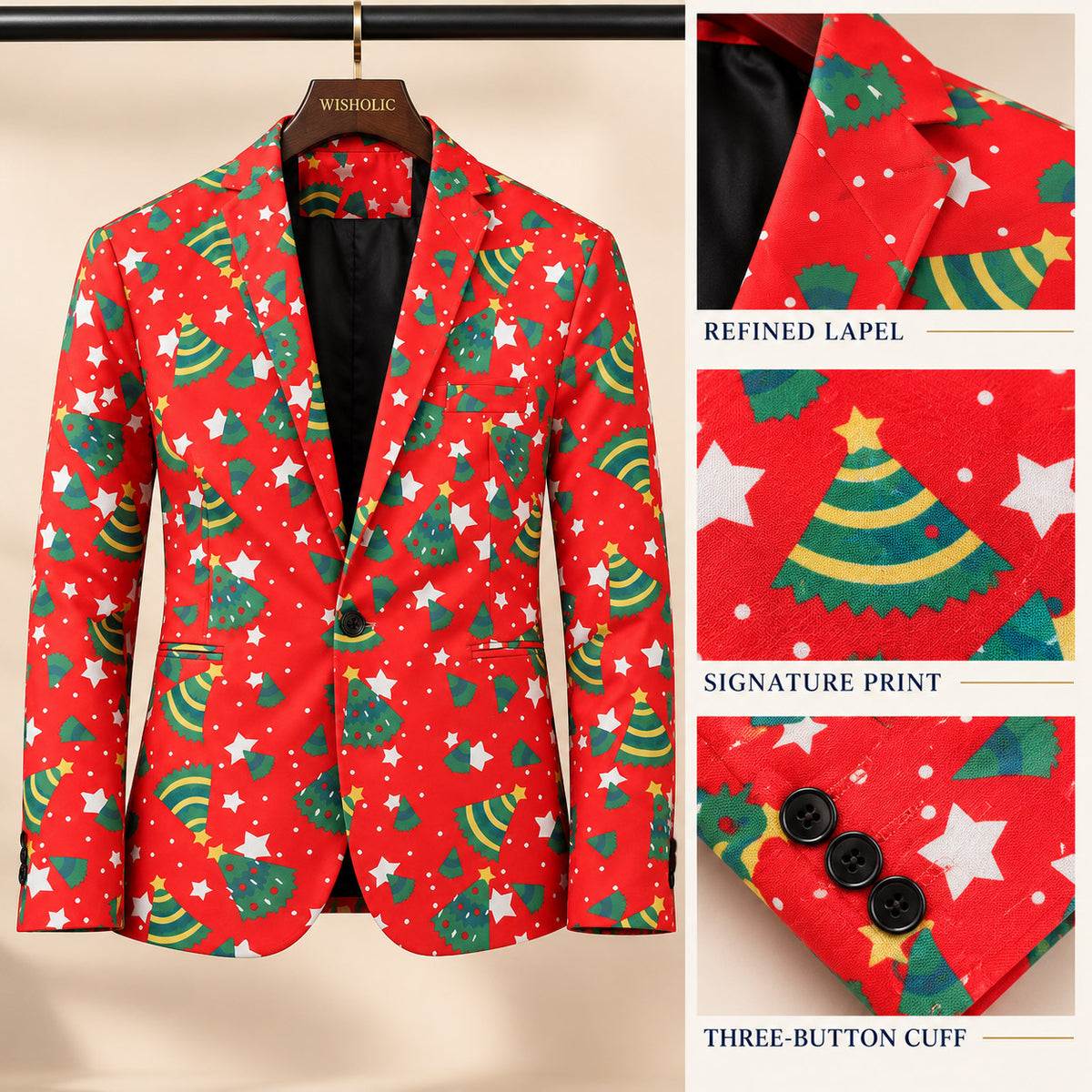 Detailed craftsmanship view of Wisholic red holiday blazer highlighting refined lapel, signature tree print, and three-button cuffs