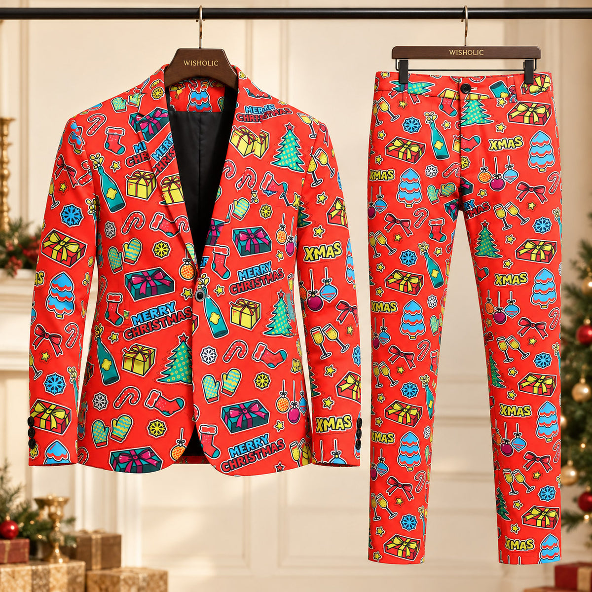Wisholic 2-piece red Christmas suit set featuring a vibrant printed blazer and matching tailored trousers on hangers