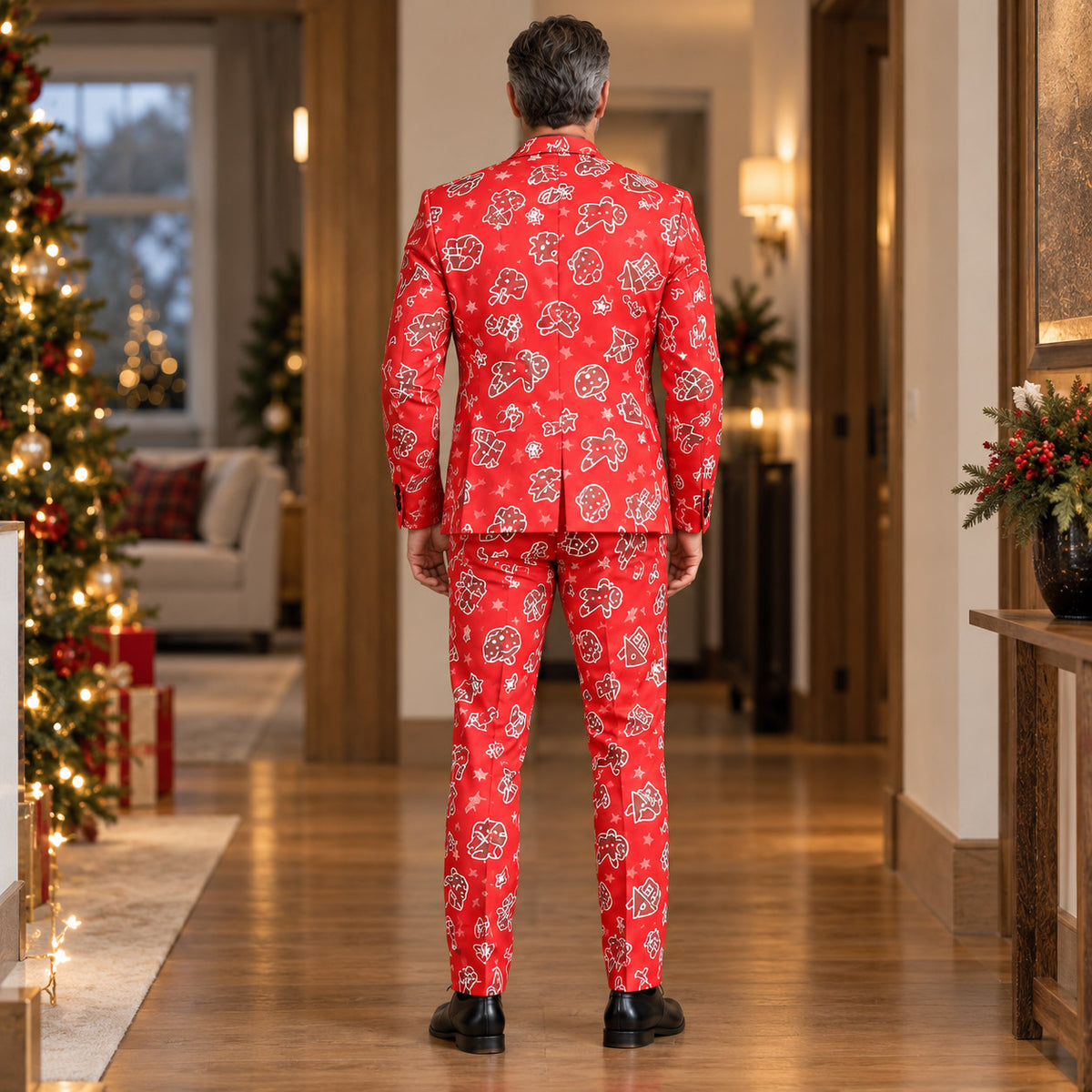 Back view of Wisholic men's tailored red Christmas holiday suit jacket and patterned matching trousers