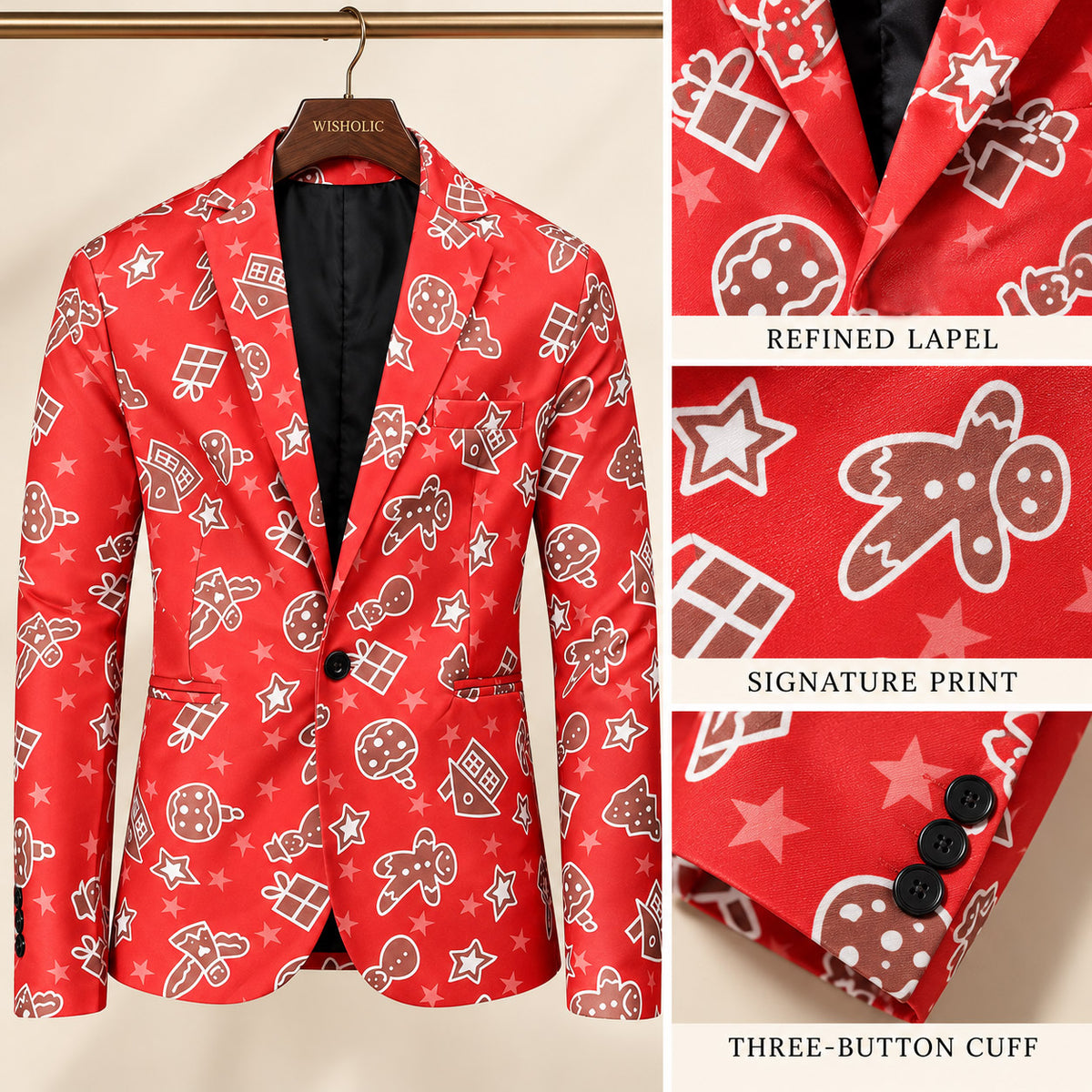 Product details of Wisholic red Christmas blazer highlighting refined lapel, signature gingerbread print, and three-button cuff