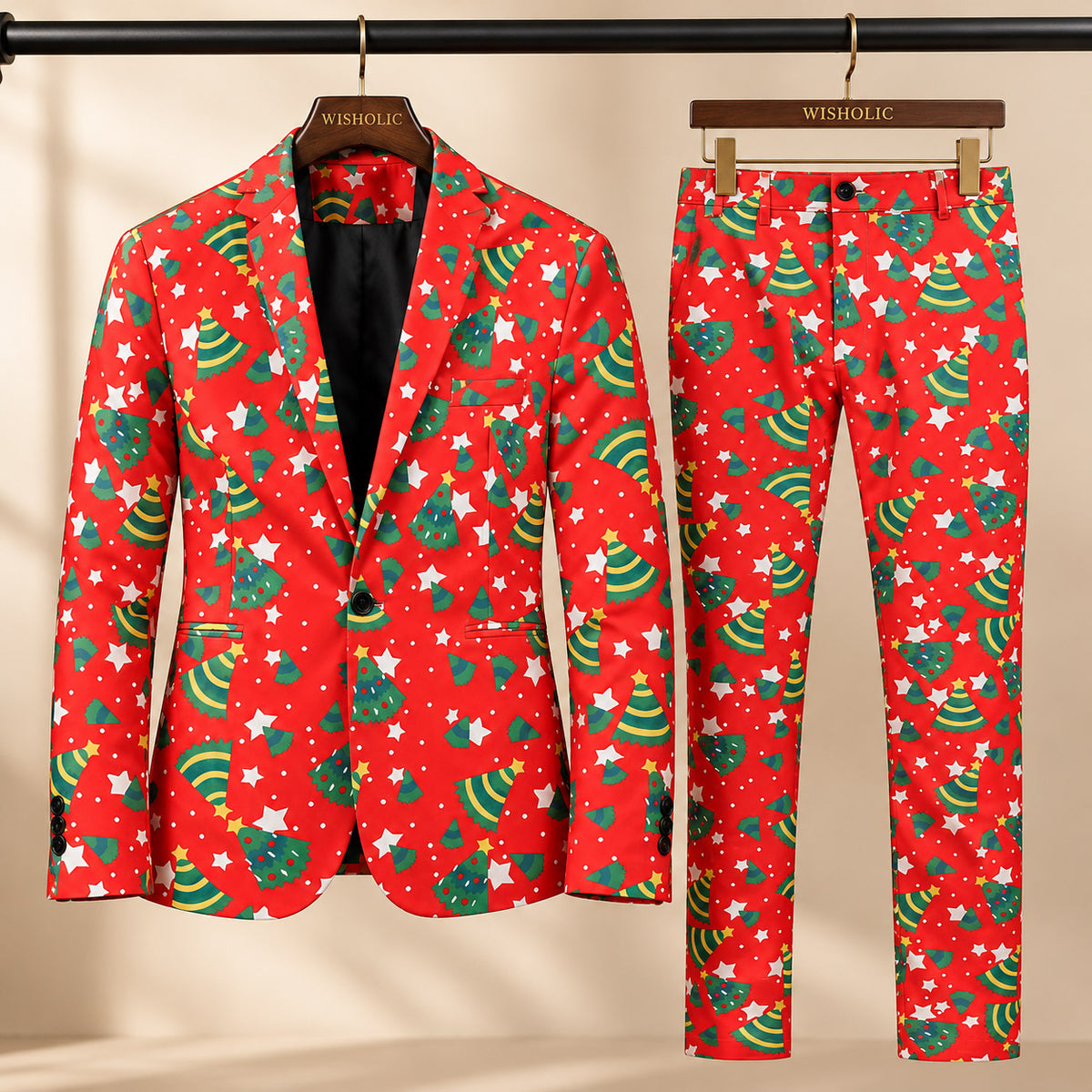 Wisholic 2-piece red Christmas suit set with printed blazer and matching tailored trousers on wooden hangers
