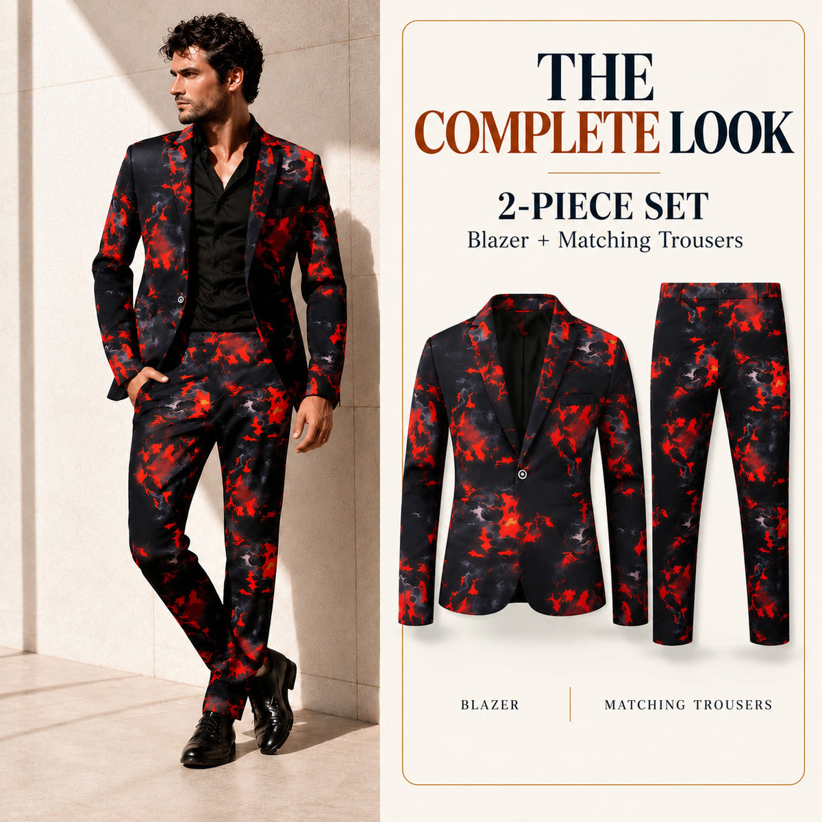 Wisholic The Complete Look 2-piece set featuring red flame printed blazer and matching trousers.